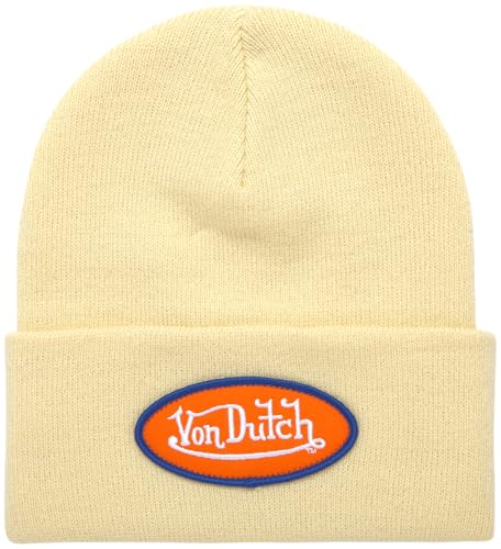 Von Dutch Unisex Cuffed Knit Skull Cap Beanie, Embroidered Logo - color: Canvas