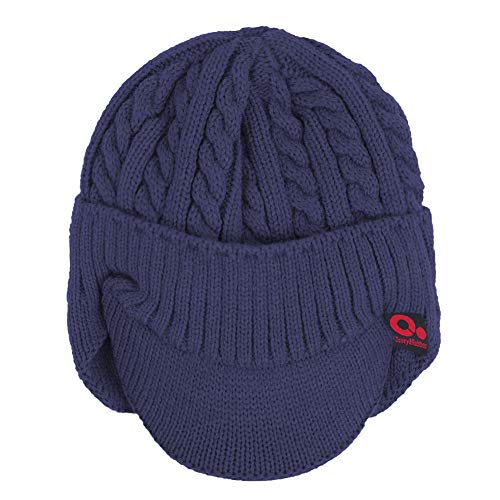Women's Winter Cable Knitted Visor Beanie Fleece Lining Ear Flap Baseball Cap Hunting Trapper Hat with Billed - color: Blue,navy