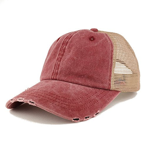 Trendy Apparel Shop Pigment Dyed Front Mesh Back Frayed Bill Trucker Cap - color: Wine