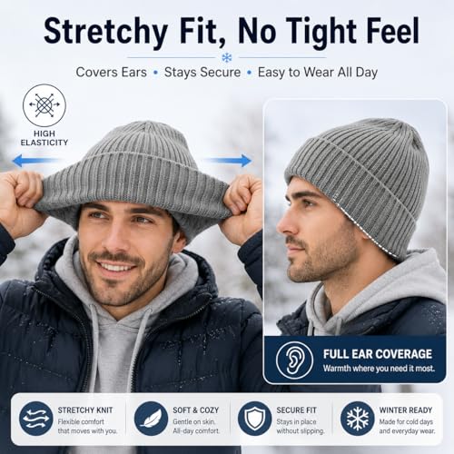 Oversize M/L/XL/XXL Merino Wool Beanie Hat for Men & Women - color: Light Grey, size: Medium-Large
