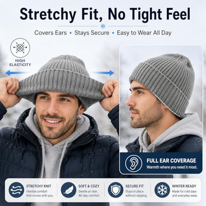 Oversize M/L/XL/XXL Merino Wool Beanie Hat for Men & Women - color: Light Grey, size: Medium-Large