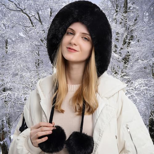 Womens Faux Fur Hat with Fluffy Pompom for Winter Fuzzy Knitted Beanies Skull Cap Warm Earflaps Cold Weather Cute - color: Black