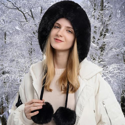 Womens Faux Fur Hat with Fluffy Pompom for Winter Fuzzy Knitted Beanies Skull Cap Warm Earflaps Cold Weather Cute - color: Black