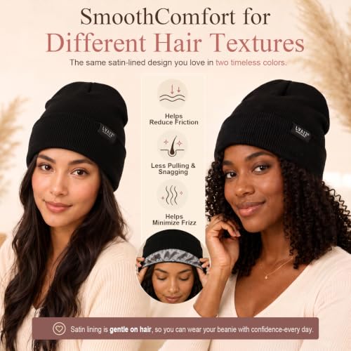2 Pack Satin Lined Beanies for Men and Women Warm Cuffed Winter Hats - color: Black+black