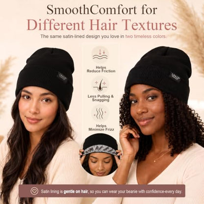2 Pack Satin Lined Beanies for Men and Women Warm Cuffed Winter Hats - color: Black+black