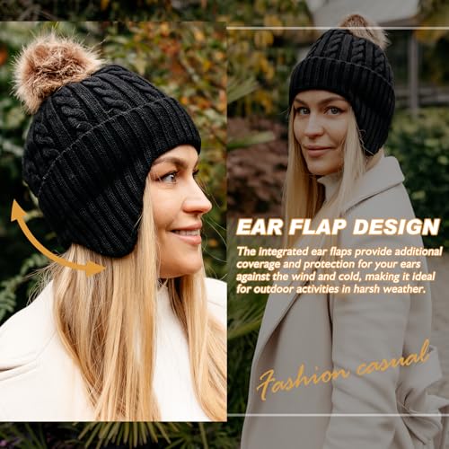 Comhats Wool Beanie with Ear Flaps and Removable Pompom, Winter Warm Hat - color: 95566a_red
