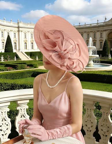 Unpifolov Fascinators Hats Elegant Women Flower Mesh Feathers Wedding Cocktail Bride Headband for Derby Hat Tea Party - color: Pink