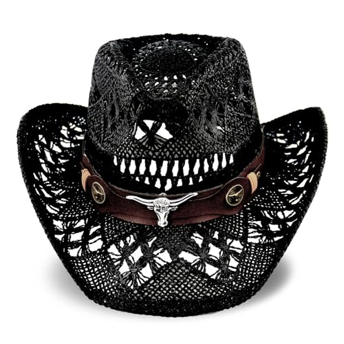 Foeran Men's Women's Straw Cowboy Hat Cowgirl Woven Sun Hat Western Cowboy Hat Two Decorative Bands - color: Black-bull Head