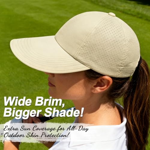 Women's Wide Brim Sun Hat with Ponytail Hole, UV Protection Criss Cross Sun Visor Hat, Lightweight & Quick-Drying Beach Cap - color: Beige