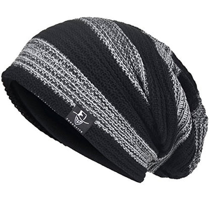 VECRY Mens Slouchy Beanie Knit Skull Cap Long Baggy Hip-hop Winter Summer Hat B305 - color: Retro-black&grey, size: Large