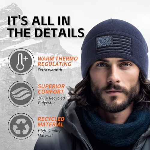OUTDOOR SHAPING American Flag Fleece Beanie with Embroidered Patch Hat - color: Black+navy