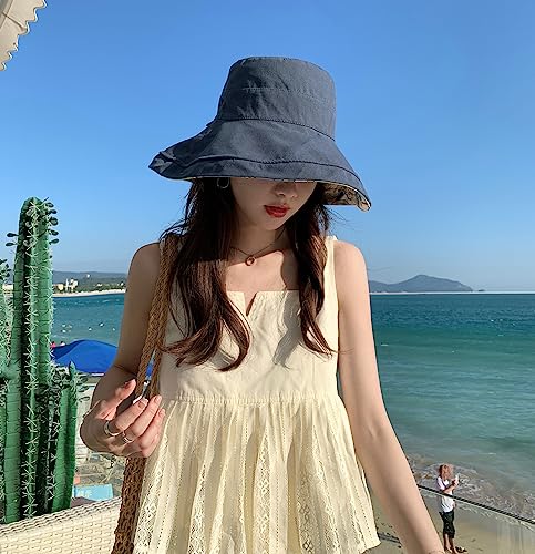 HUAMULAN Wide Brim Women Summer Sun Floppy Hat Reversible Beach Bucket Hat - color: M1744-navy