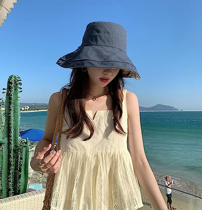 HUAMULAN Wide Brim Women Summer Sun Floppy Hat Reversible Beach Bucket Hat - color: M1744-navy