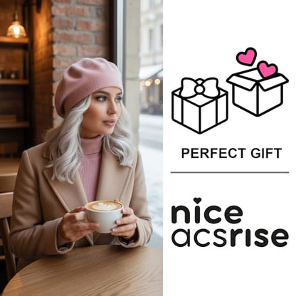 Warm Lined Wool Angora Knit Beret and Satin Lined French Hat Lightweight Beanie - color: Pink