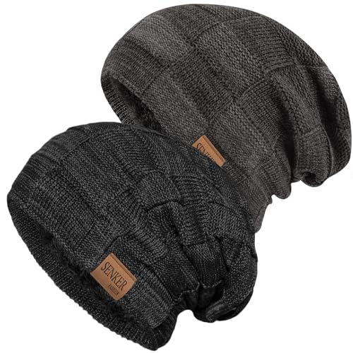 Senker Fashion 2 Pcs Winter Slouchy Beanie Hats for Men, Warm Mens Beanies - color: Black Dark Grey