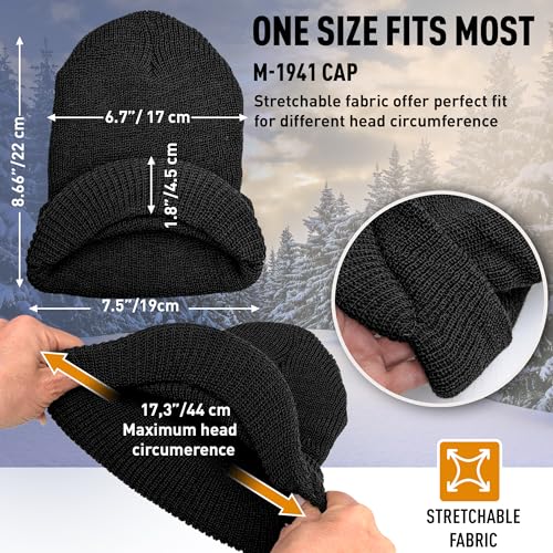 Genuine G.I. Winter Beanie Cap with Visor, 100% Knitted Wool, Double-Layer Winter Hat, Made in USA - color: Black