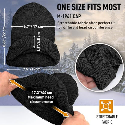 Genuine G.I. Winter Beanie Cap with Visor, 100% Knitted Wool, Double-Layer Winter Hat, Made in USA - color: Black