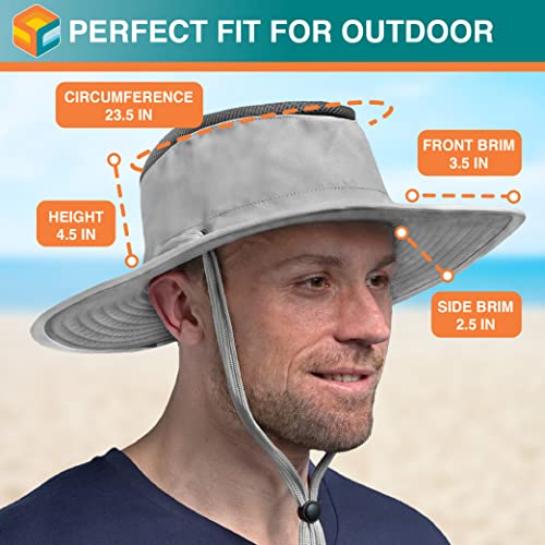 SUN CUBE Wide Brim Sun Hat for Men Women UPF 50+ UV Protection Safari Boonie Hat with Chin Strap, Pocket, Fishing Hiking Hat - color: Light Gray