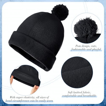 Geyoga 2 Pcs Pom Beanie Hat Men Women Winter Hat Pom Knit Cap Beanies with Ball at Top Acrylic Winter Cap with Cuff - color: Black 01, style: Classical