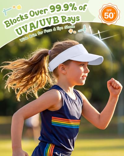 Century Star Kids Visor Sun Hat | UPF 50+ Adjustable Sports Cap for Girls & Boys | High Ponytail Tennis Golf Beach Running - color: White, size: 6-12 Years