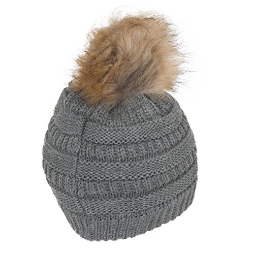 Gravity Threads Cable Knit Faux Fur Pom Pom Beanie Hat - color: Light Melange Grey