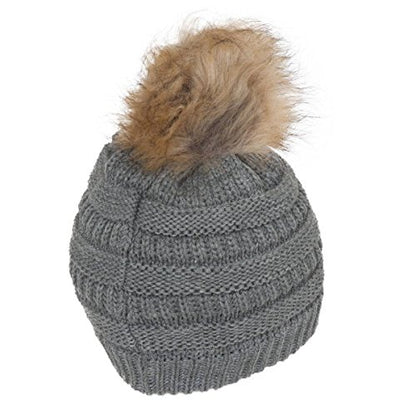 Gravity Threads Cable Knit Faux Fur Pom Pom Beanie Hat - color: Light Melange Grey
