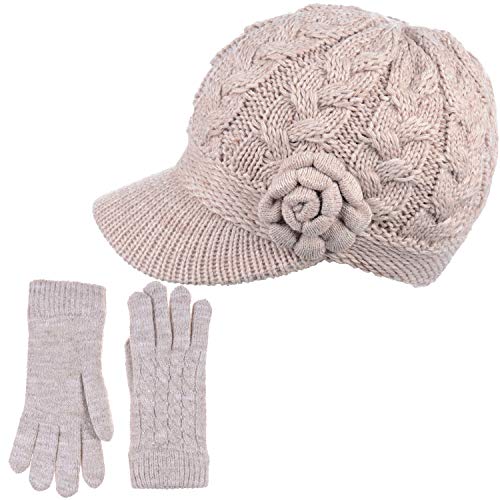 Womens Winter Elegant Cable Flower Knitted Newsboy Cabbie Cap Beret Beanie Hat with Visor, Warm Plush Fleece Lined - color: Lt. Beige Cable Flower-hat Gloves Set