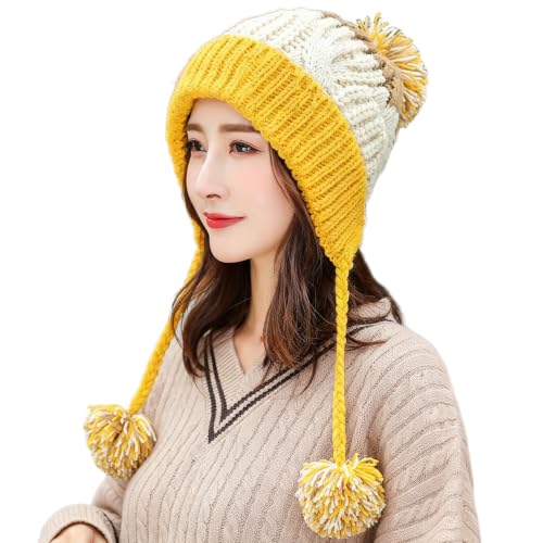 HUAMULAN Women Winter Sherpa Knit Beanie Hat Fleece Lined Ear Flaps - color: Beige Yellow
