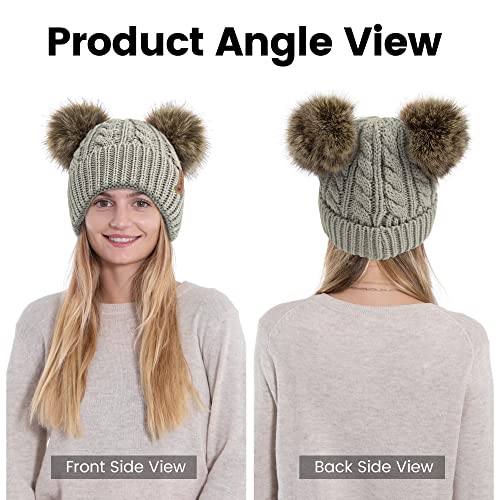 Arctic Paw Pom Pom Beanie Cable Knit Fleece Lined Winter Beanie Women Hat - color: Light Grey