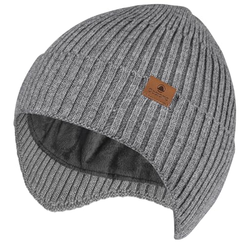 Ocatoma Winter Beanie with Earflap for Men Women Knit Hat Outdoor Unisex - color: Grey