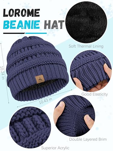 LOROME Winter Beanie Hat Scarf Gloves, Warm Fleece Knit Neck Scarf Set Gift - color: Denim Blue