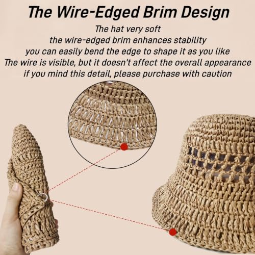 Floppy Big Beach Straw Hats for Women Foldable Summer Wide Brim Packable Sun Hat Womens Travel Straw Fedora Hat - color: Khaki-8