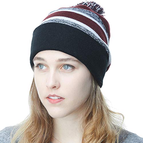 Winter Knit Beanie Hat with Pom Pom – Warm Cuffed Slouch Ski Cap for Men & Women - color: 1.black and Burgundy With Pom