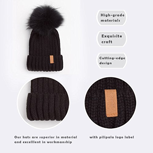Pilipala Womens Knit Beanies Hats with Fur Pom Bobble Hat Skull Cap Cable Beanie for Women