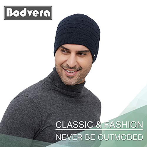 Mens Winter Beanie Hat Warm Knit Cuffed Plain Toboggan Ski Skull Cap (3 Patterns) - color: Navy1