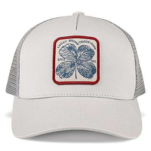 Lucky Brand Trucker Hat | Snapback | Adjustable | Mesh Back | Retro | Baseball Cap | Golf | Fishing | American Heritage - color: Clover Patch - Light Grey