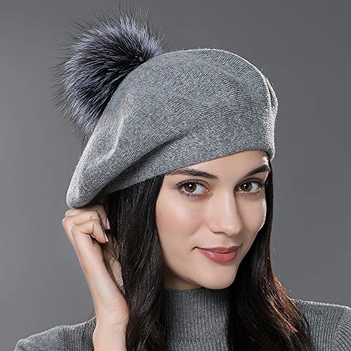 Womens Winter Beret Hat Knitted Beanie Cap Autumn Winter Hat French Classic Beret - color: D.grey With Silver Fox Fur Pompom