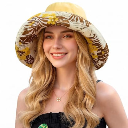 HUAMULAN Wide Brim Women Summer Sun Floppy Hat Reversible Beach Bucket Hat - color: Xinm001-yellow