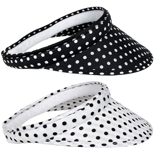 2 Pack Sun Visor Hats Women Men Clip On Wide Brim Visors Hat Outdoor Sports Golf Beach Travel Tennis Caps - color: White Polka Dot on Black