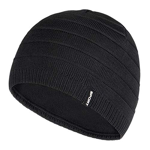 Mens Winter Beanie Hat Warm Knit Cuffed Plain Toboggan Ski Skull Cap (3 Patterns) - color: C1-black
