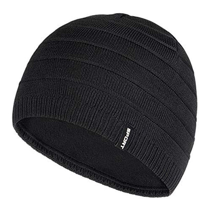Mens Winter Beanie Hat Warm Knit Cuffed Plain Toboggan Ski Skull Cap (3 Patterns) - color: C1-black