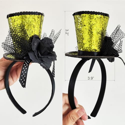 WLBON Halloween Mini Top Hat Headband 1920s Flower Sequins Hair Hoops Bands Fascinator Headpiece Hairband Women Christmas Holiday Festival Parade Cosplay Dress Up Birthday Tea Party Accessories Golden - color: Golden Tone