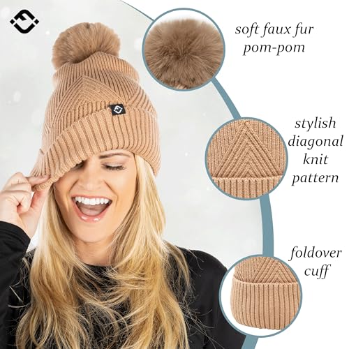 Funky Junque Basics Womens Pom Pom Beanie Winter Hats Cute Diagonal Pattern Fleece Lined Warm Stocking Caps Pompom Toboggan - color: Brown
