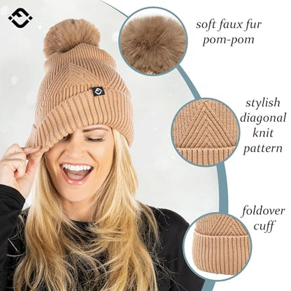 Funky Junque Basics Womens Pom Pom Beanie Winter Hats Cute Diagonal Pattern Fleece Lined Warm Stocking Caps Pompom Toboggan - color: Brown