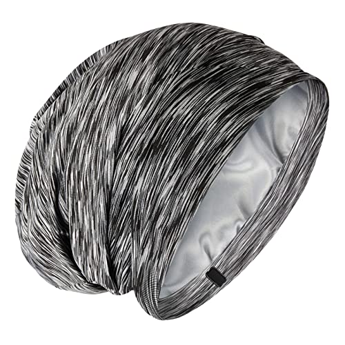 Silk Satin Lined Bonnet Sleep Cap - Adjustable Stay on All Night Hair Wrap Cover Slouchy Beanie for Curly Hair Protection for Women and Men - Heather Black - color: Heather Black, size: One Size