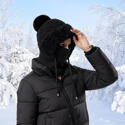 HUAMULAN Women Cable Knit Balaclavas Winter Fleece Lined Beanie Hat - color: Black With String