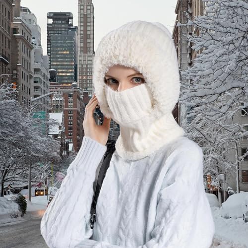 HUAMULAN Women Winter Knit Beanie Hats One Piece Fleece Lined Balaclavas - color: Cream White + Faux Fur