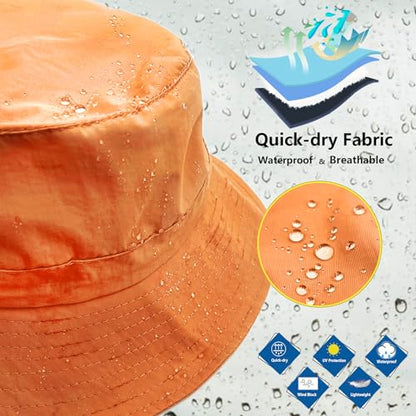 woogwin Waterproof Bucket Rain Hat with Chin Strap Quick Dry Packable Boonie Sun Hat Safari Hat UV Protection - color: Orange