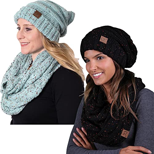 Funky Junque Slouchy Beanie & Infinity Scarf Gift Set – Matching Winter Accessories Sets for Women, Oversized Hat and Scarves - color: 2 Pack: Confetti Black & Confetti Mint