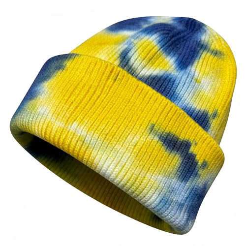 Beanie for Women Men Unisex Tie Dye Cuffed Knit Skull Cap Colorful Gradient Winter Hat Soft Slouchy Warm Less Static - color: Yellow
